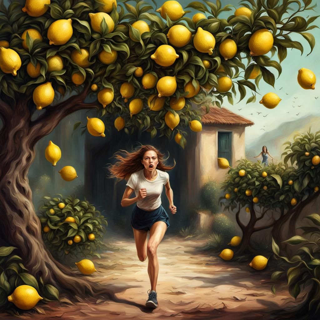 Scared Flower-Skinned Girl Escaping Angry Lemon Tree