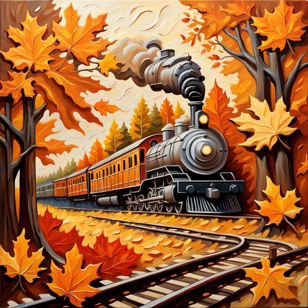 Autumn Train Amidst Falling Leaves, Impressionist Oil Painti...
