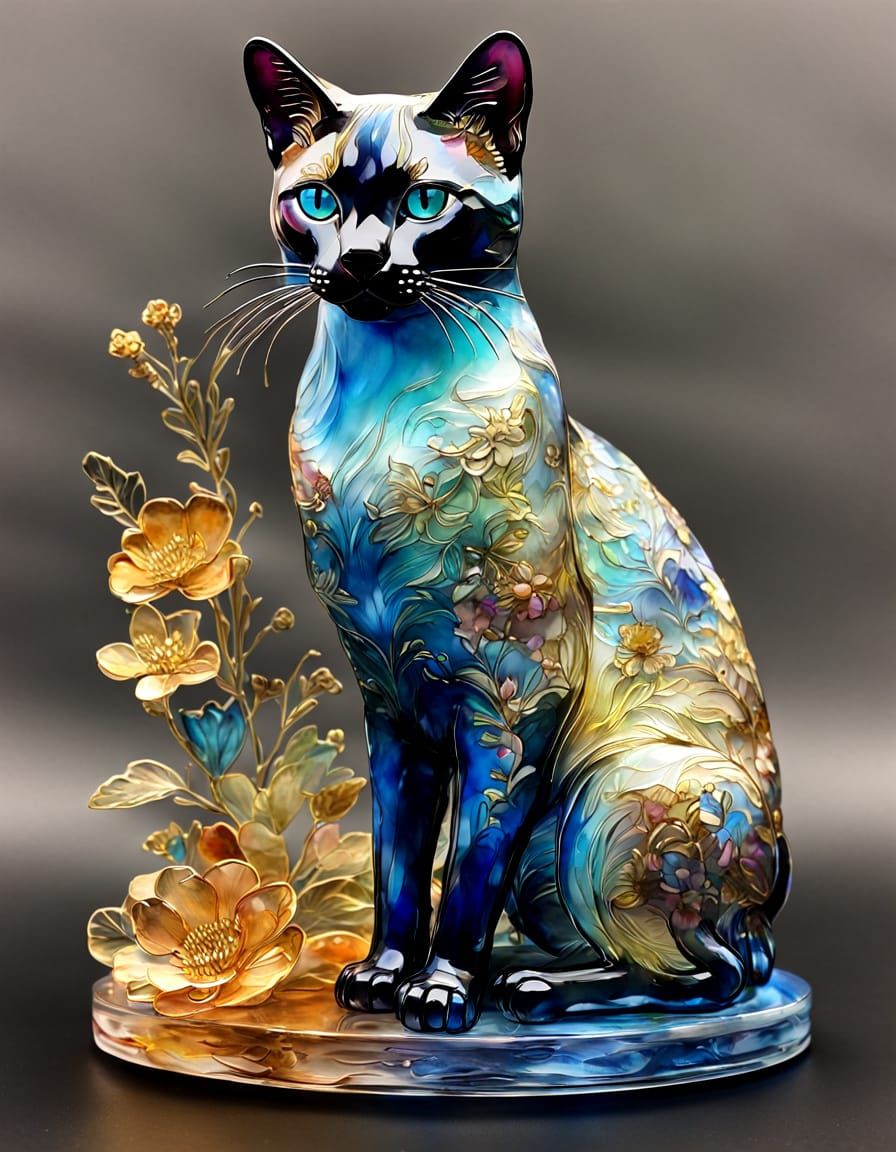 Elegant Siamese Cat Glass Statue with Golden Lines