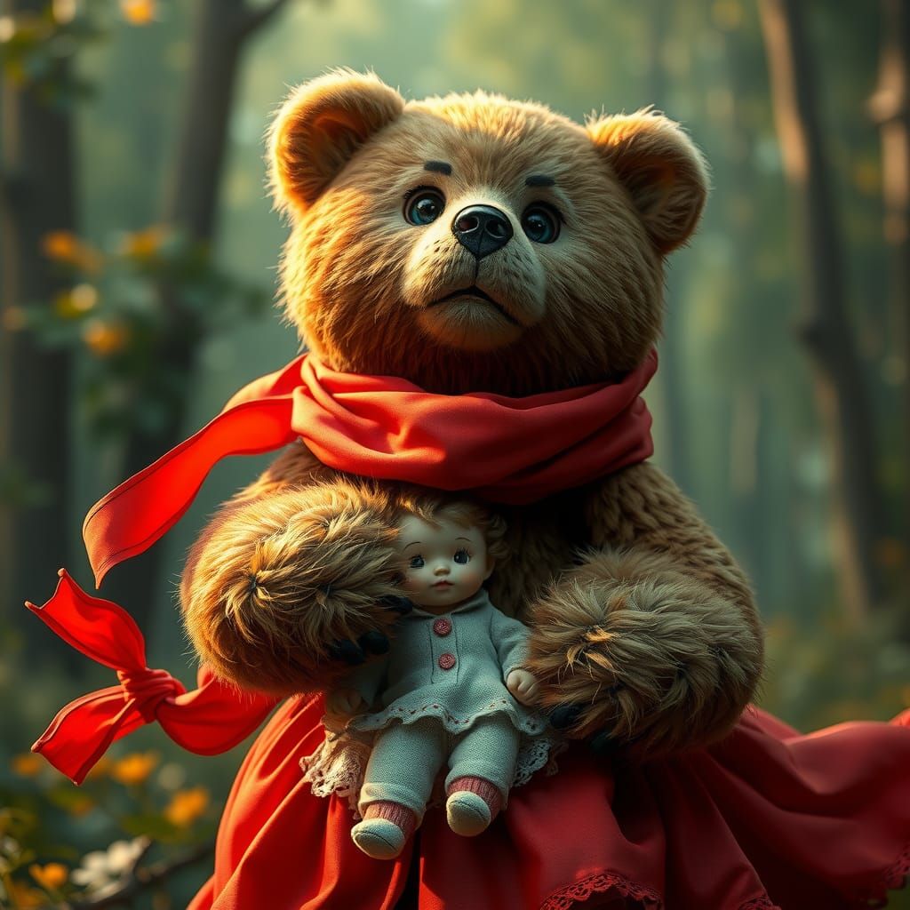 Teddy Bear Portrait in Forest, Hyperdetailed Art