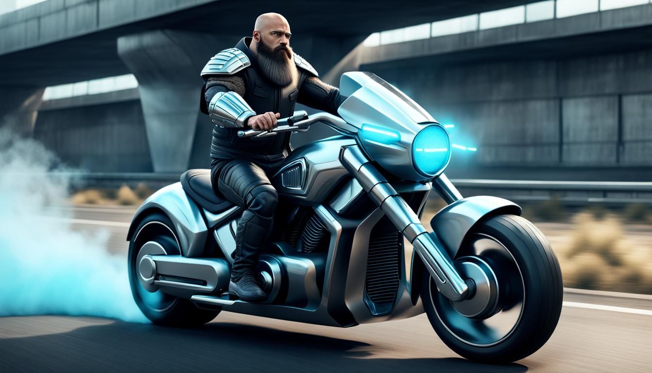 Hairy Warrior on Futuristic Motorcycle in Hyperrealism