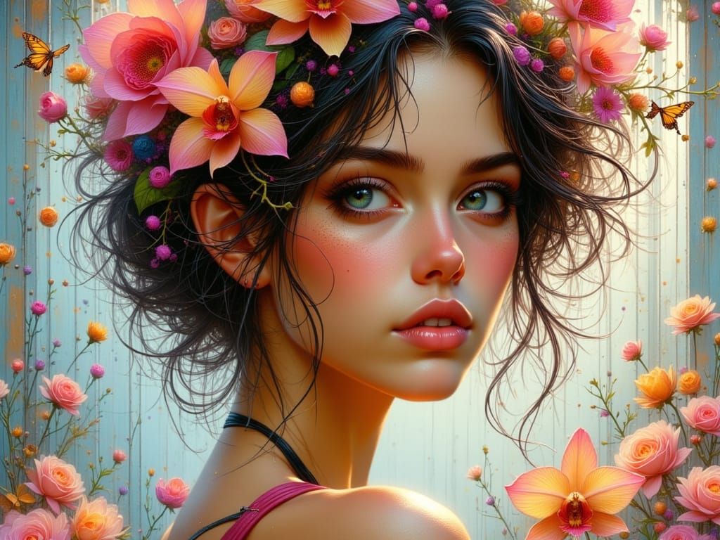 Elegant Woman Portrait Adorned With Orchids