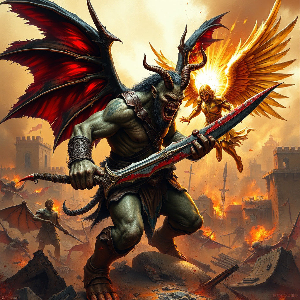 Demon Orc and Angel Clash on Battlefield