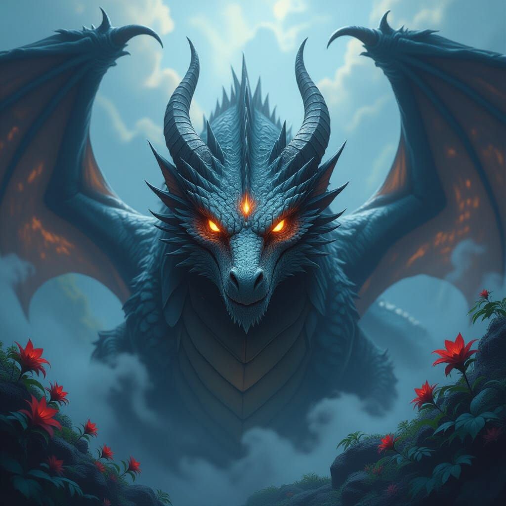 Majestic Dragon in Misty Flora, Fantasy Art