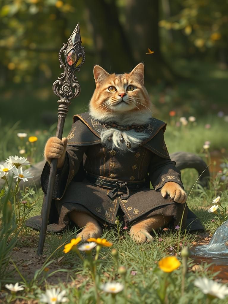 Anthropomorphic Cat Magician in Forest Meadow