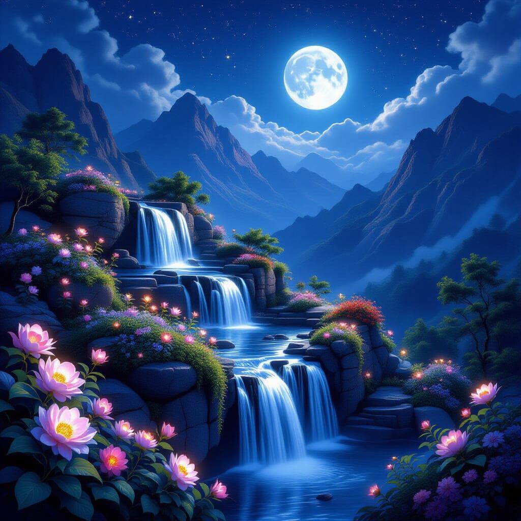 Celestial Mountain Garden With Glowing Flowers and Moonlight...