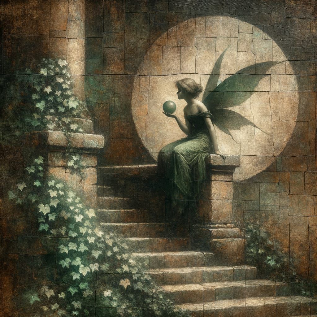 Mysterious Fairy Godmother on Weathered Stairway