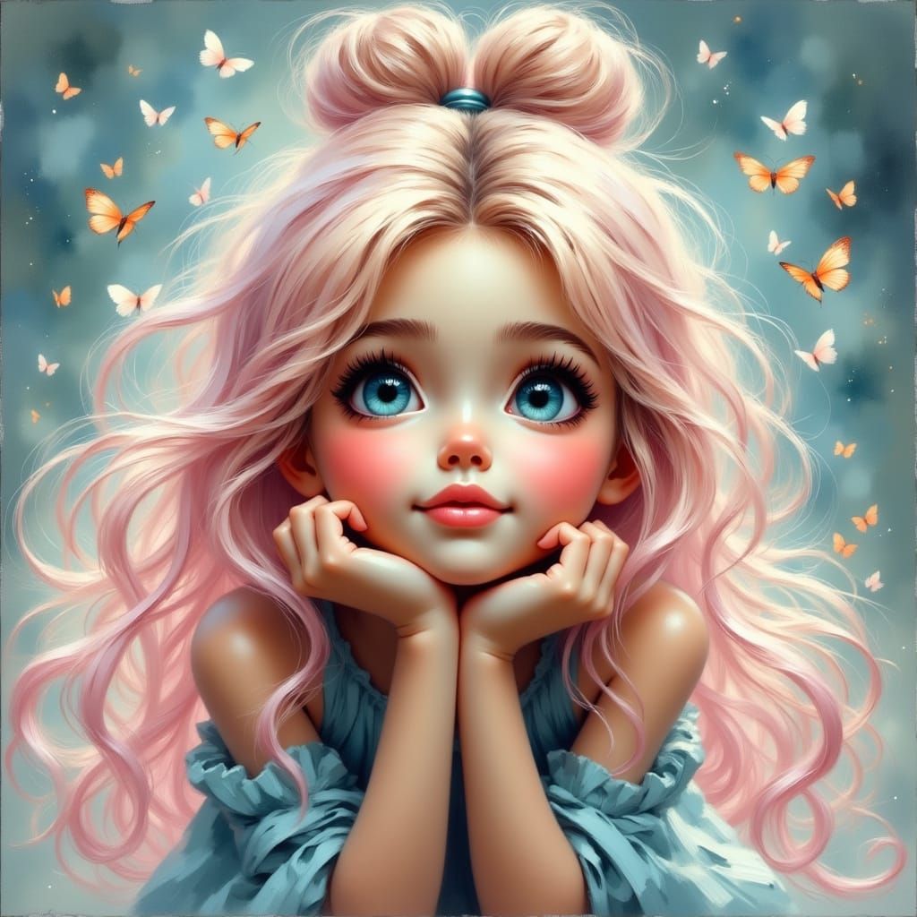Dreamy Girl with Pink Highlights and Butterflies