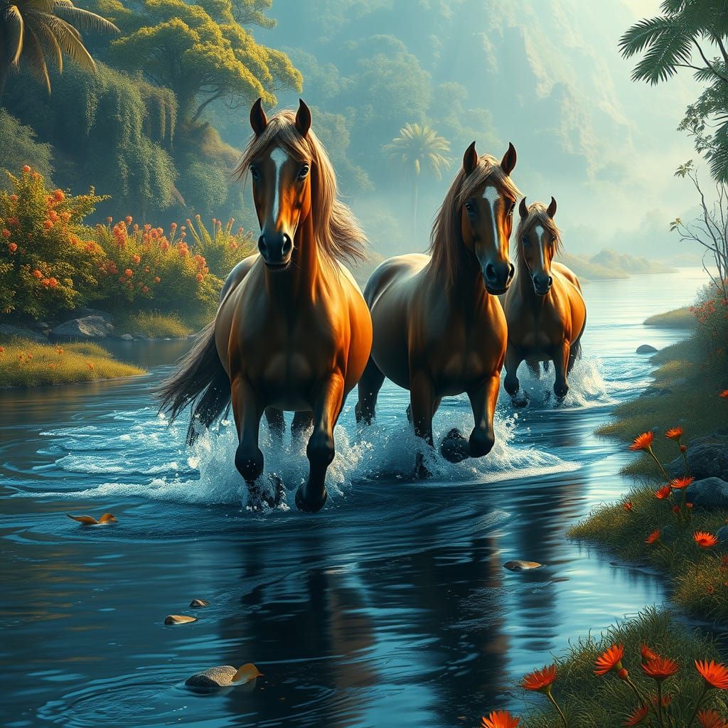 Majestic Horses in Serene River Landscape
