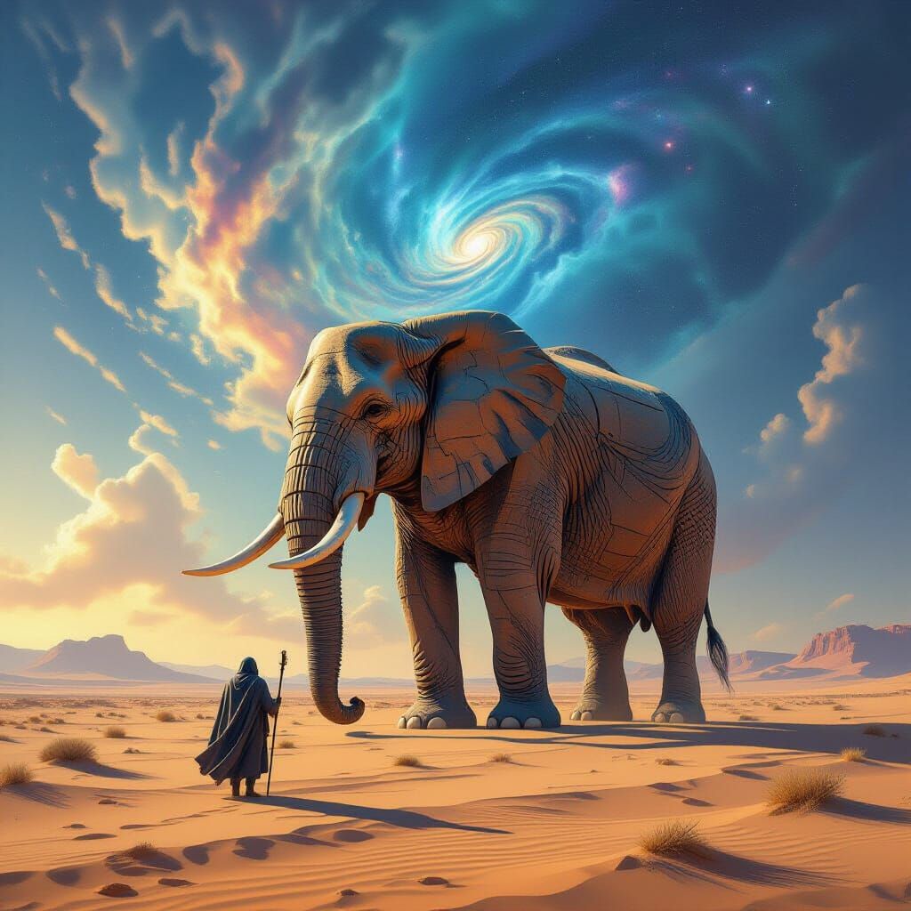 Stone Elephant on Alien Desert Under Nebulae Sky