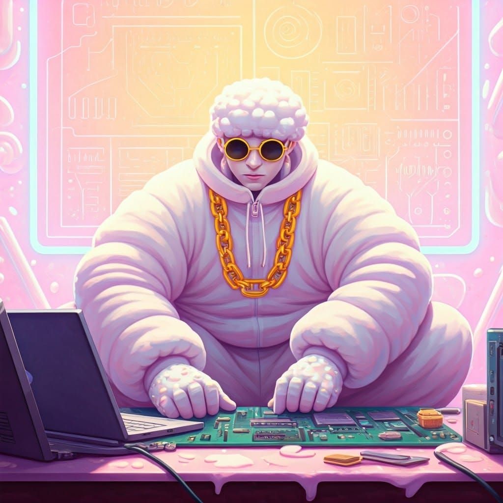 Marshmallow Hacker Breaching Firewall in Impressionist Style