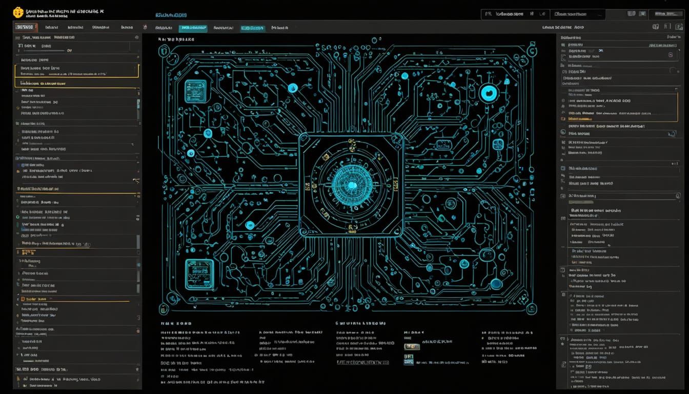 Cybernetic Interface Schematics on a Dark Screen