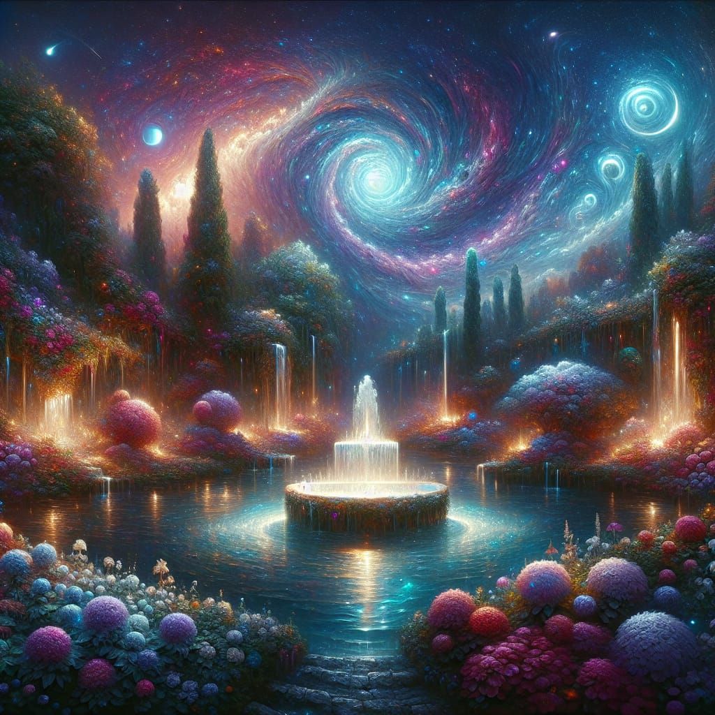 Fantasy Garden with Iridescent Fountain in Romantic Style