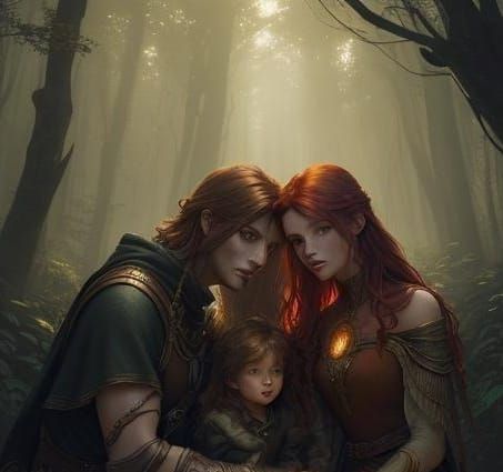 Red-Haired Woman and Sons: Dark Fantasy Art
