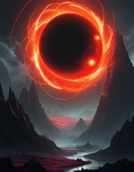 Surreal Fantasy Landscape with Glowing Black Hole