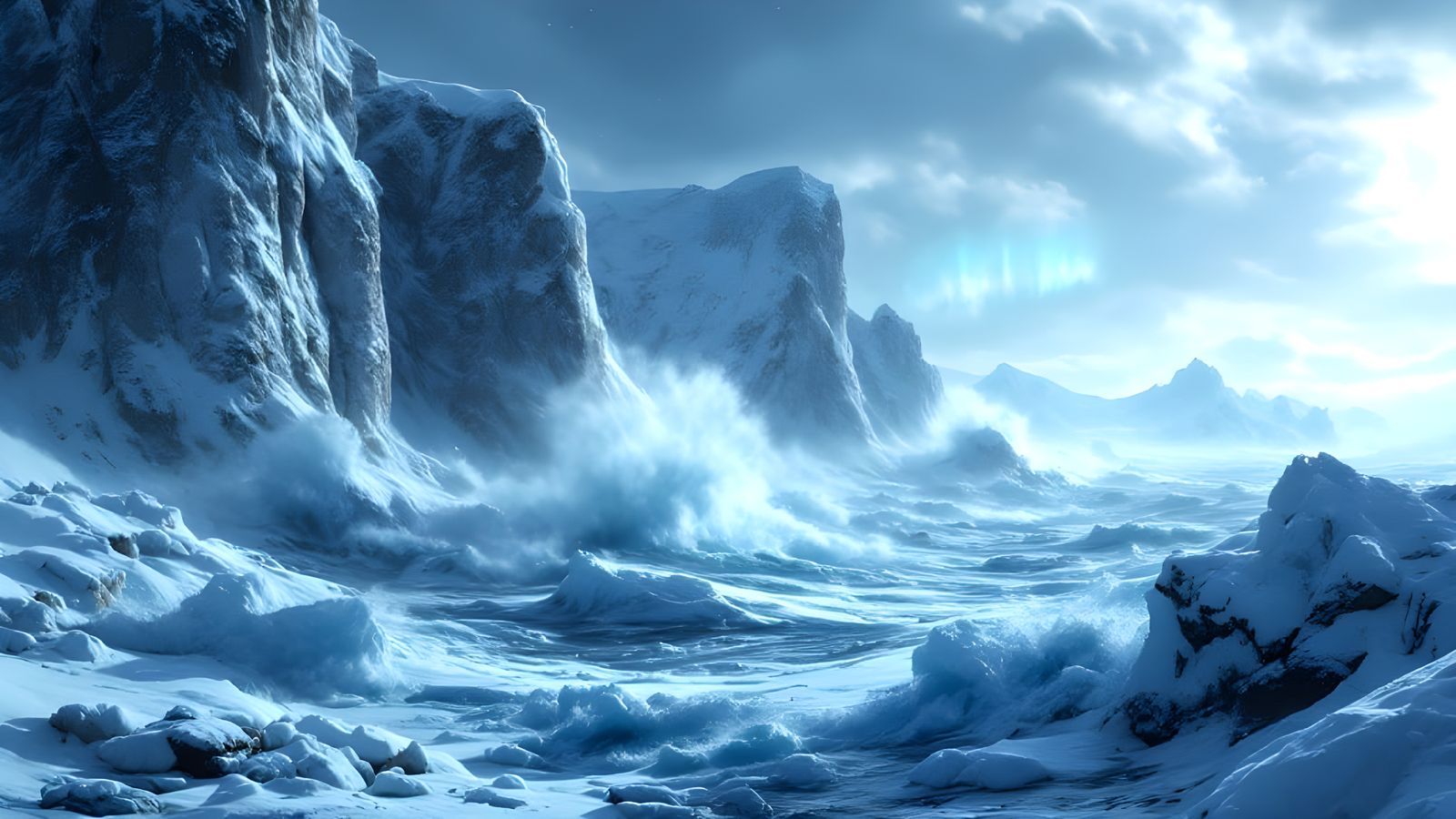 Surreal Arctic Storm Unfolds Amidst Granite Cliffs and Glowi...