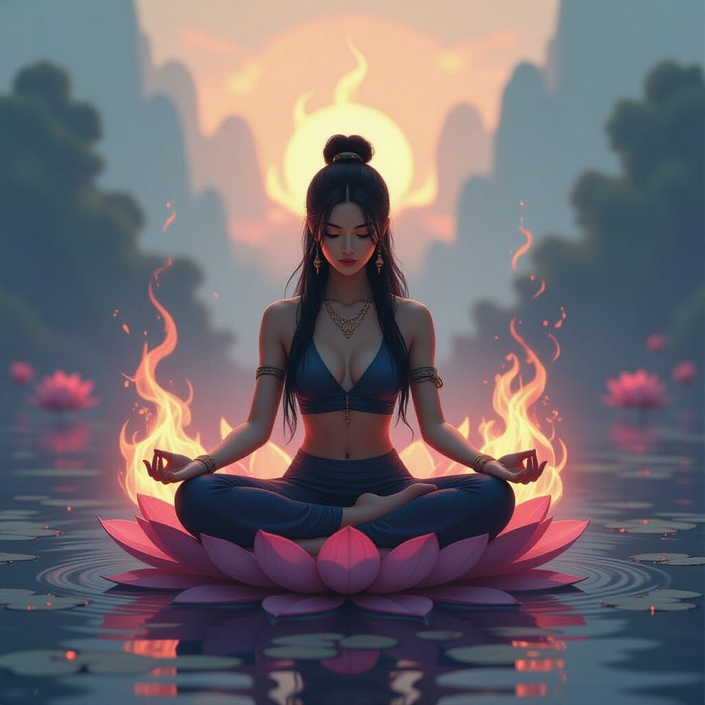 Mystical Figure Amidst Ethereal Flames