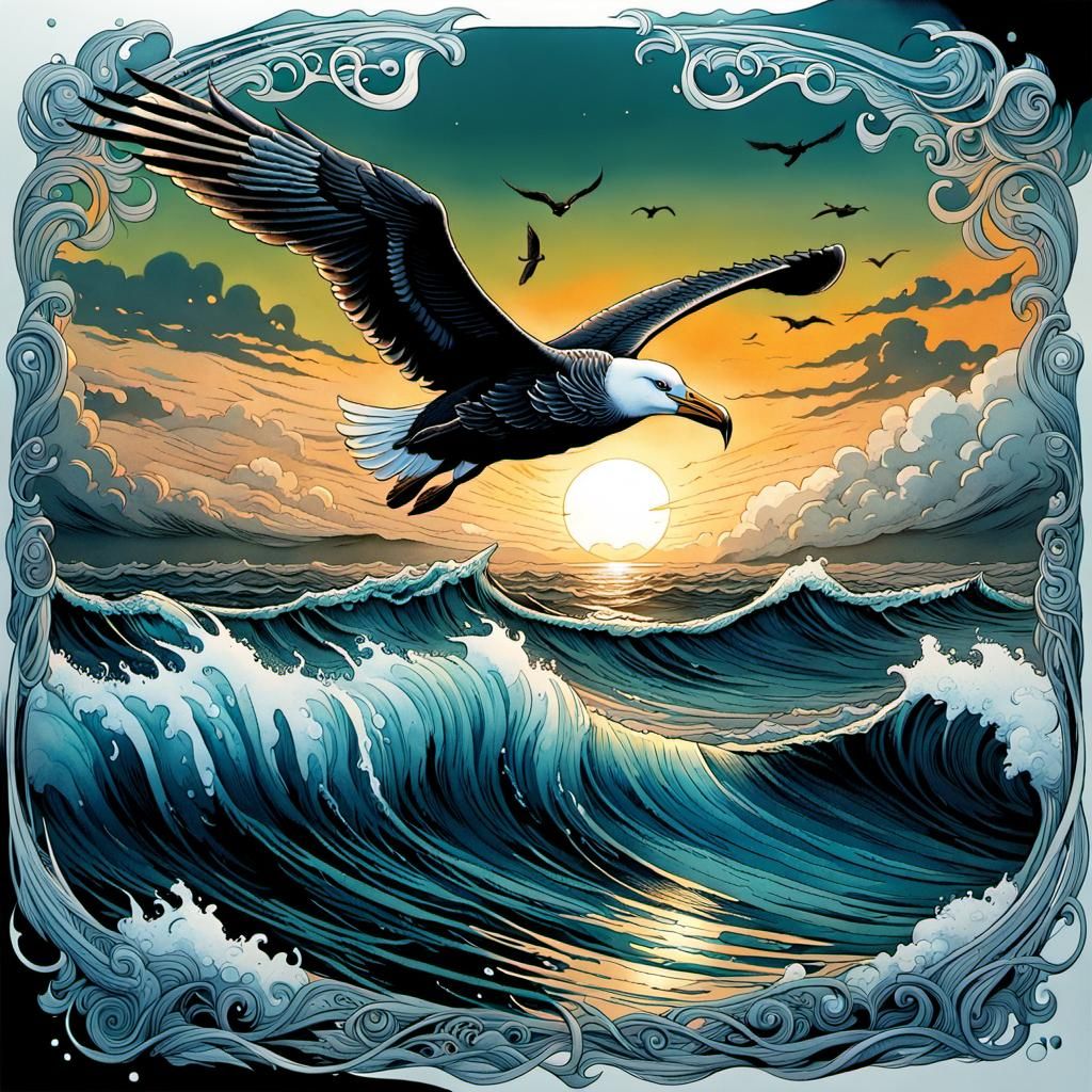 Albatross Over Ocean: Watercolor Comic Book Art