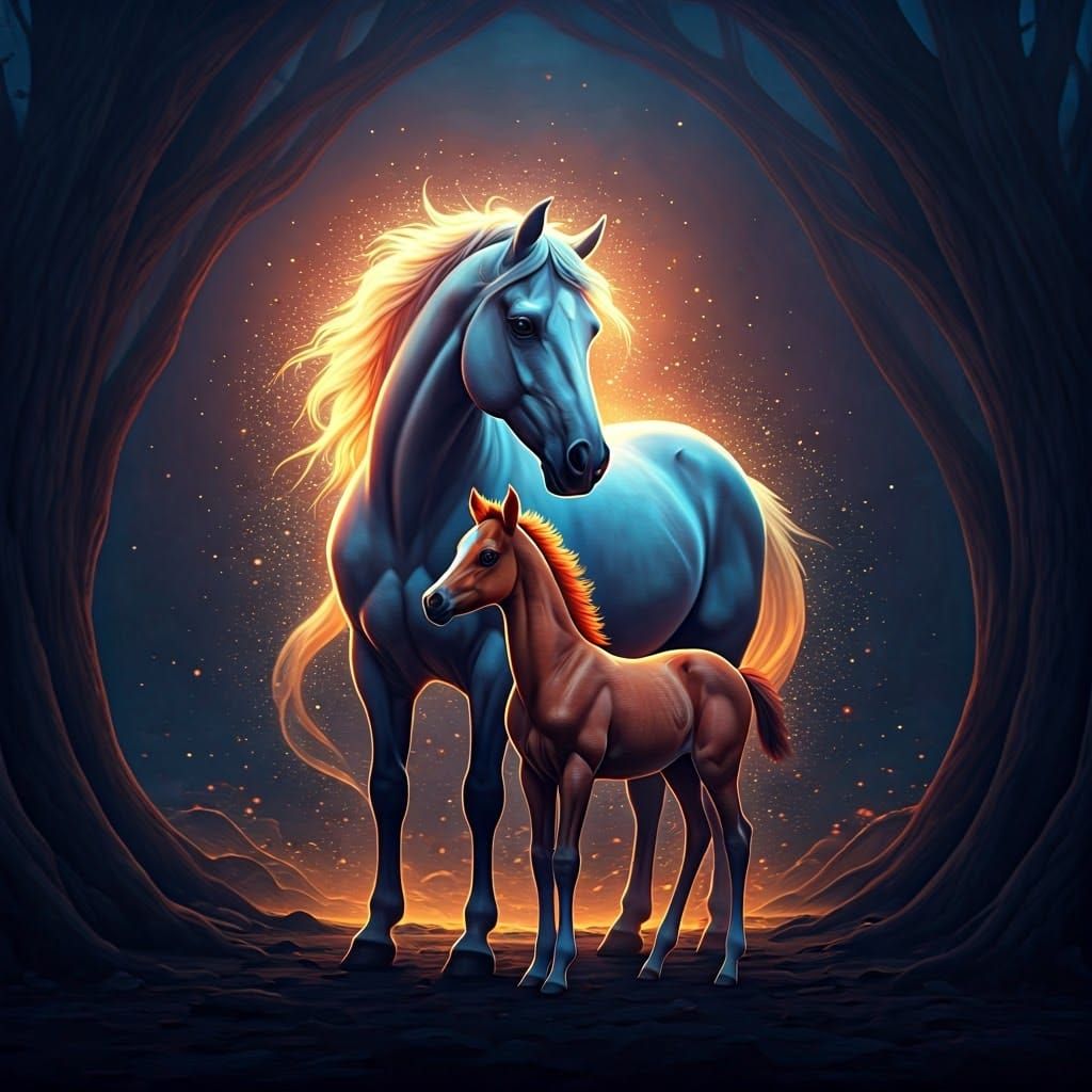 Glittering Horse Family in Dreamlike Landscape