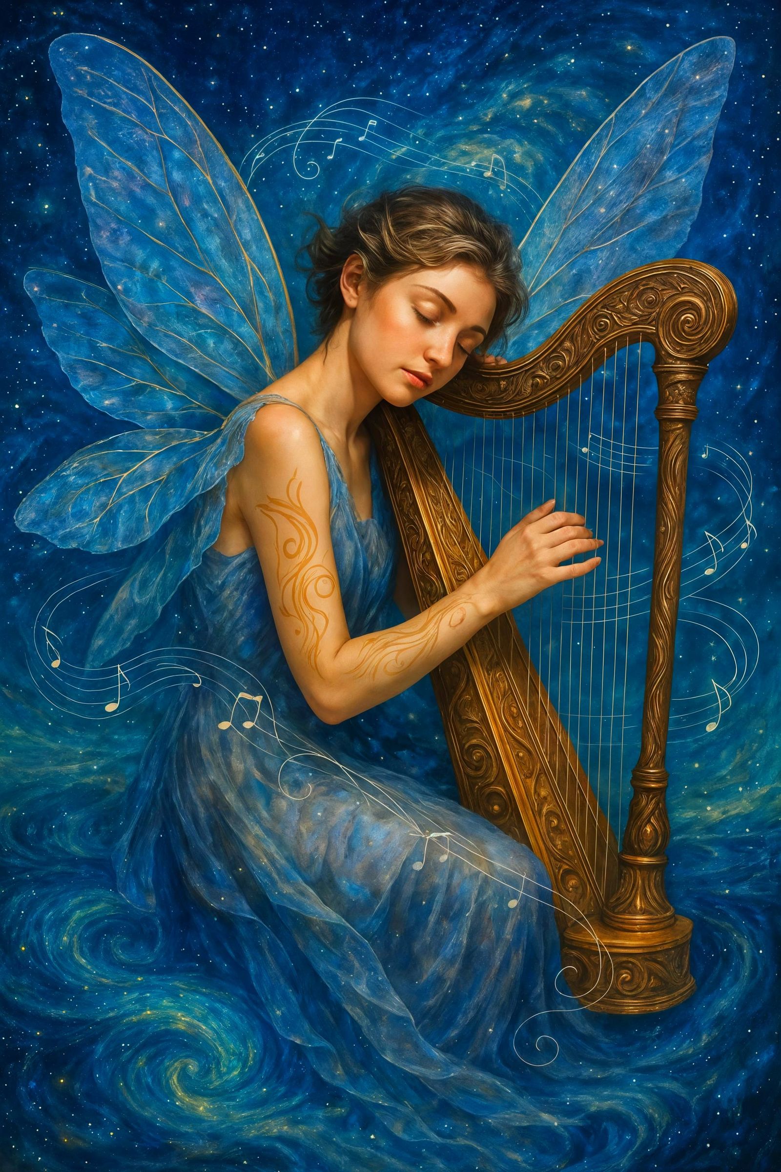 Sleeping Fairy Harpist in Starry Seascape
