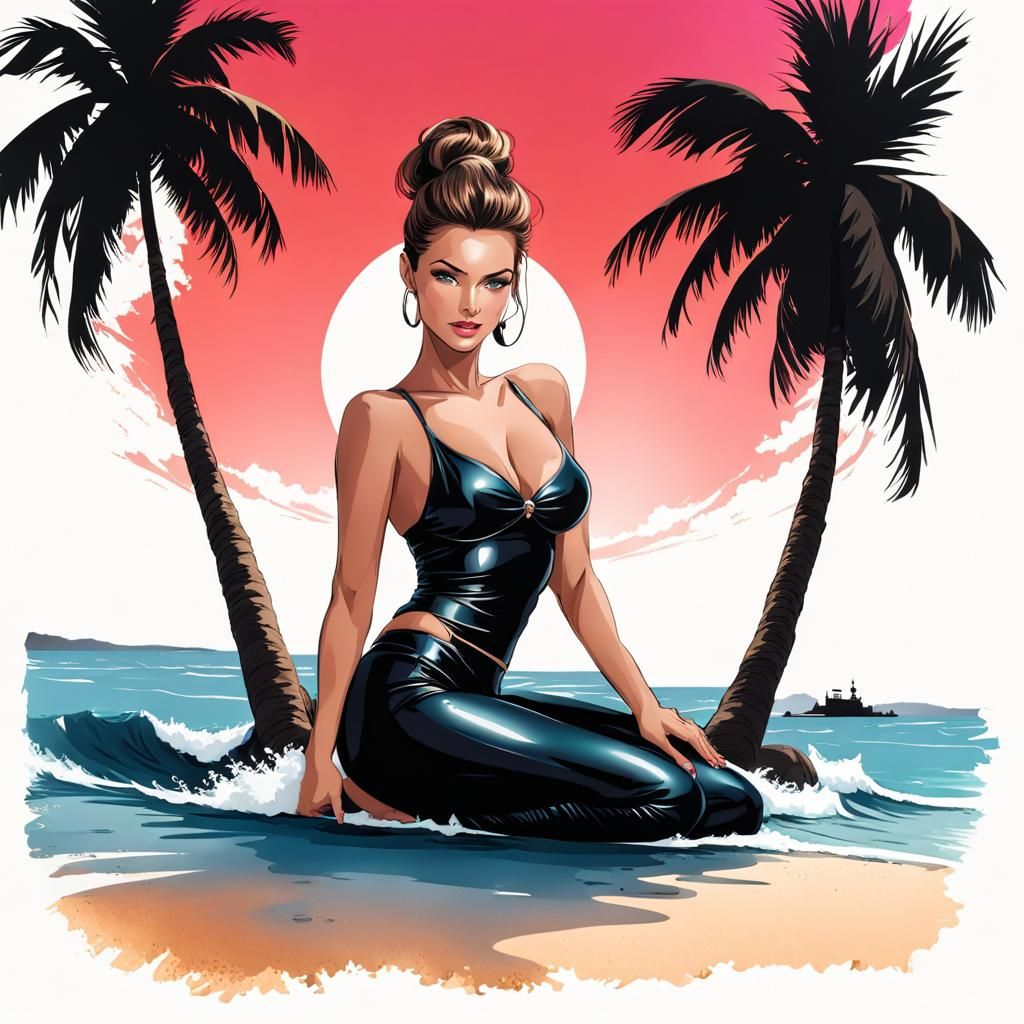 Beautiful Model Poses on Tropical Beach