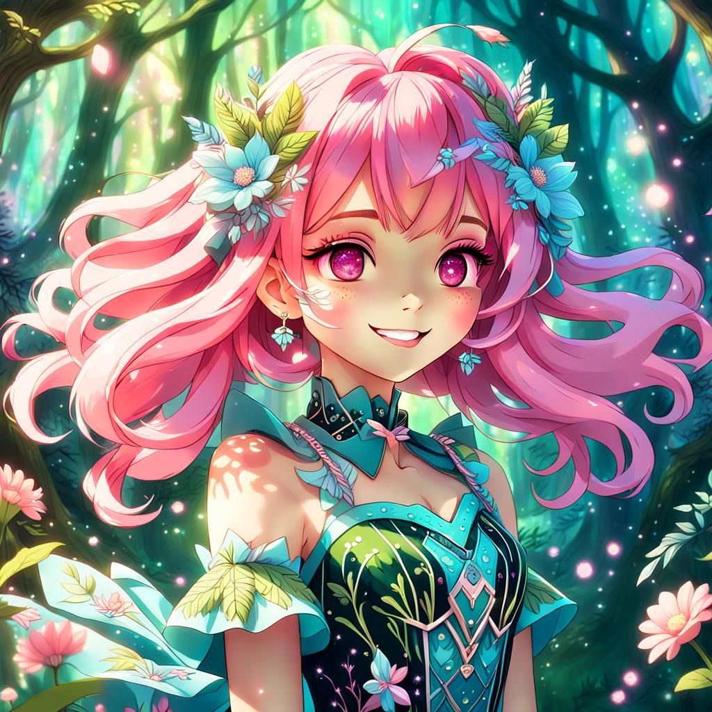 Anime Girl Portrait in Whimsical Forest, Fantasy Art