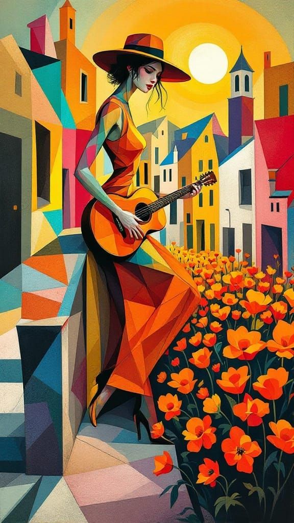 Abstract Woman Leans on City Ledge, Guitar in Hand, Amidst V...