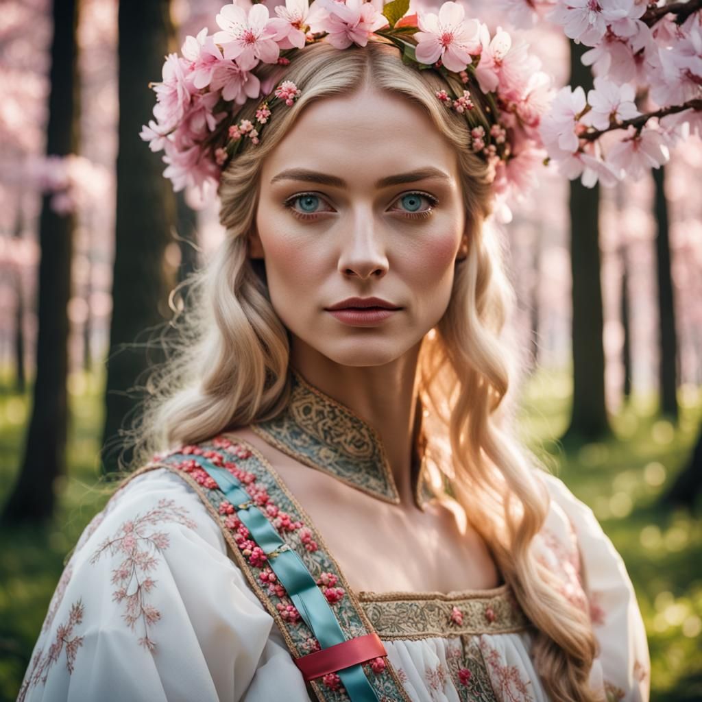 Slavic Bride with Cherry Blossoms in Forest