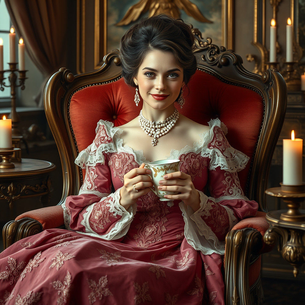 Victorian Lady with Teacup in Pre-Raphaelite Style