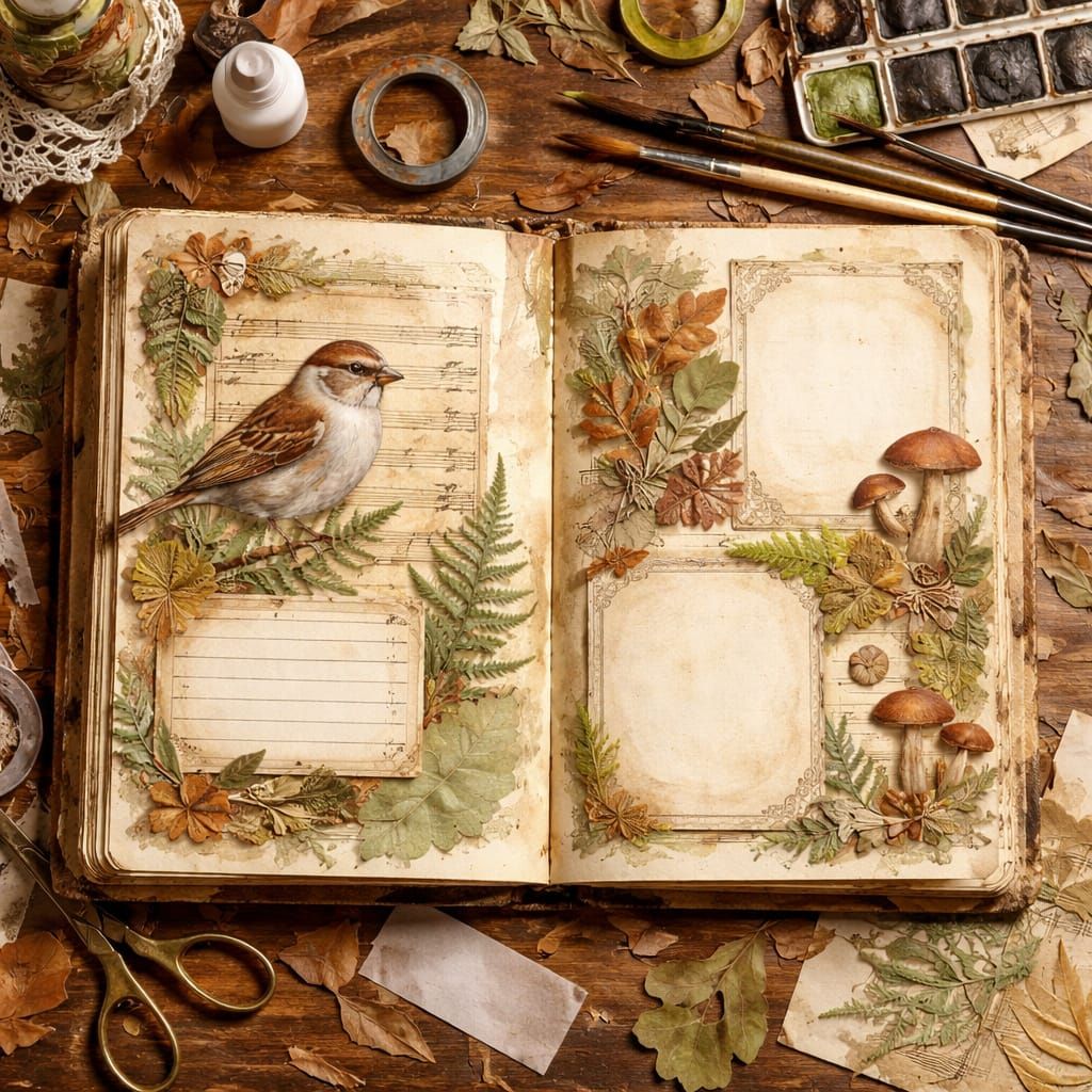 Nature Collage Junk Journal Spread with Sparrow and Mushroom...