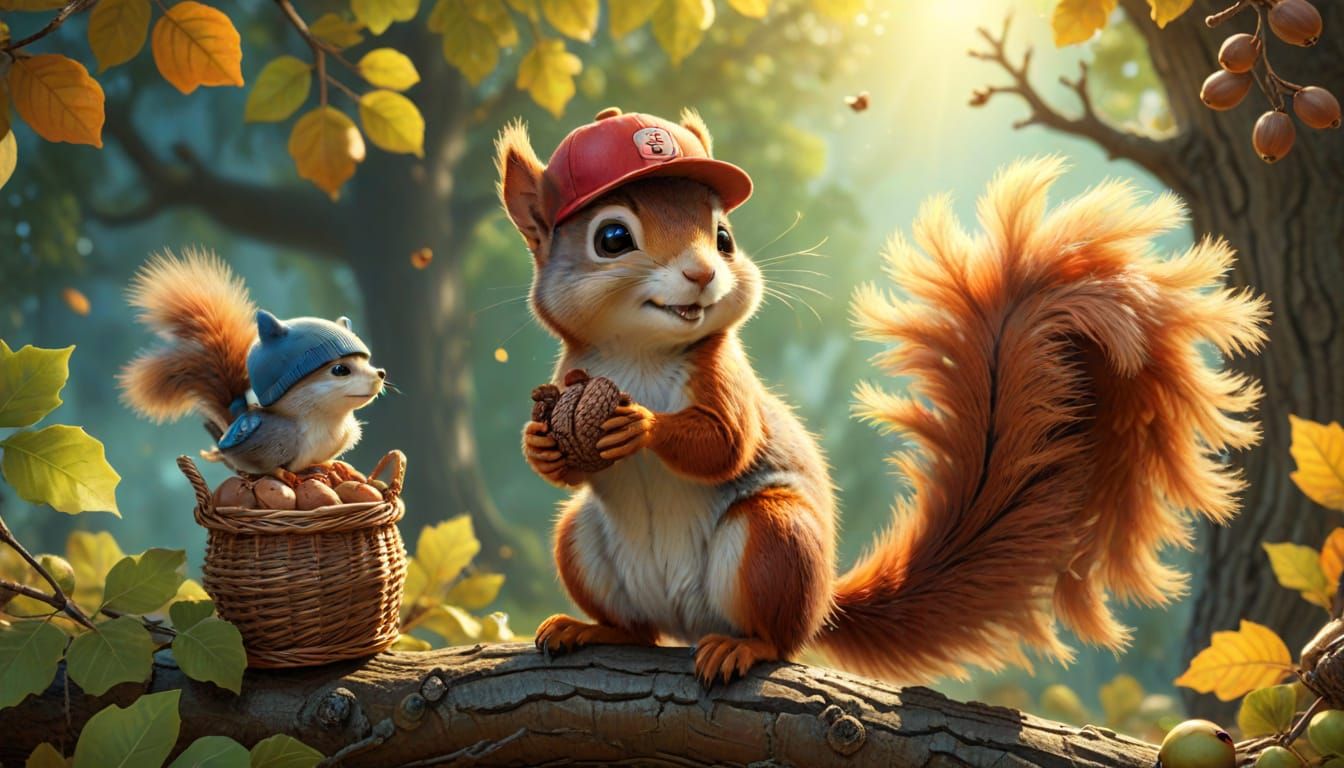 Squirrel and Bird Meet on Oak Branch: Fantasy Art