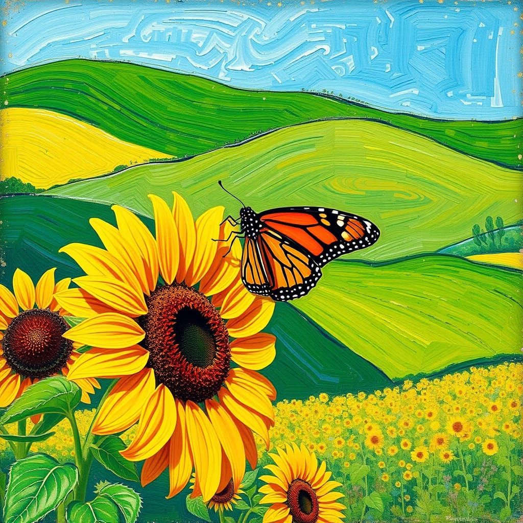 Impressionist-Style Butterfly on Sunflower