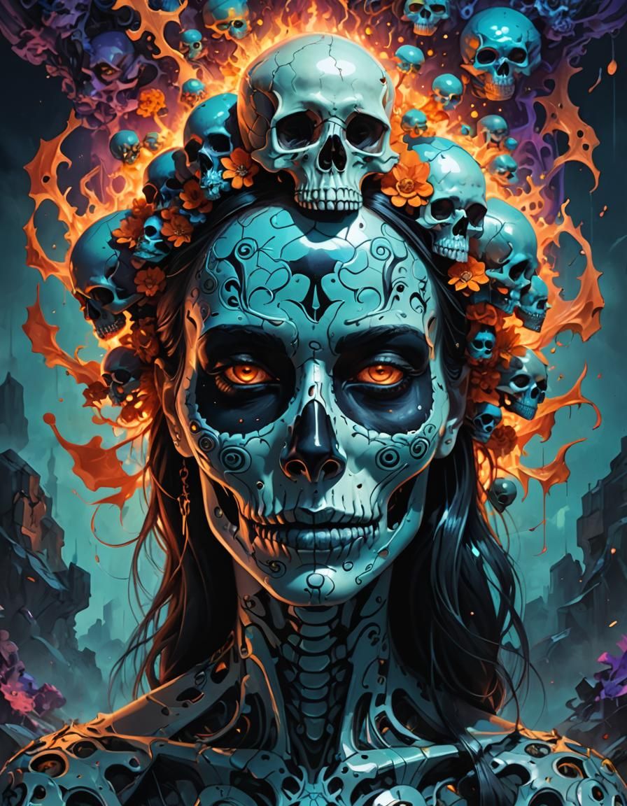 a painting of a woman with skulls on her face, fantasy drawi...