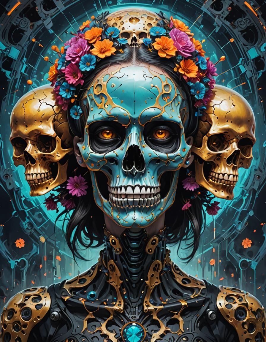 a painting of a woman with skulls on her face, fantasy drawi...