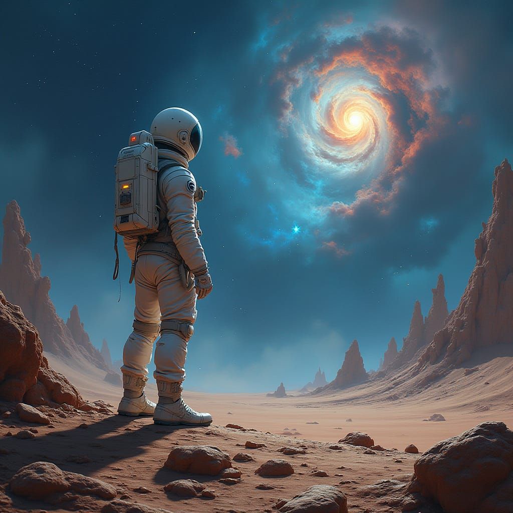Astronaut Stands on Alien Planet Gazing at Swirling Nebula i...