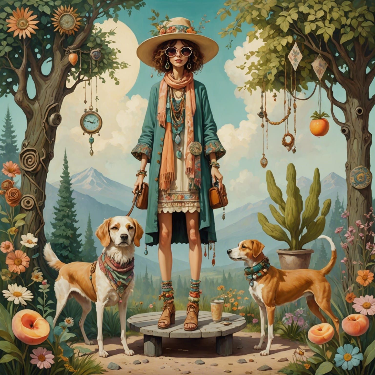 Bohemian Woman and Dog in Surreal Paris Cafe Scene