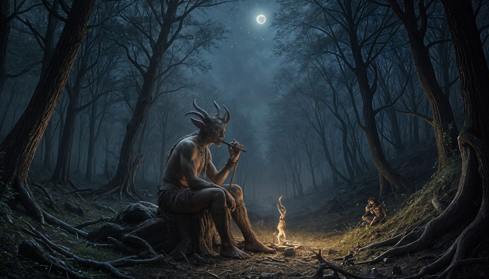 Mischievous Satyr Plays Pan Flute Under Starry Night Sky