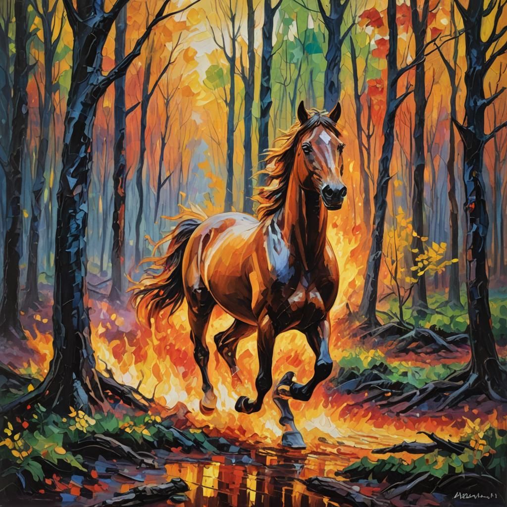 Horse Running Through Burning Forest, Neo-Impressionism