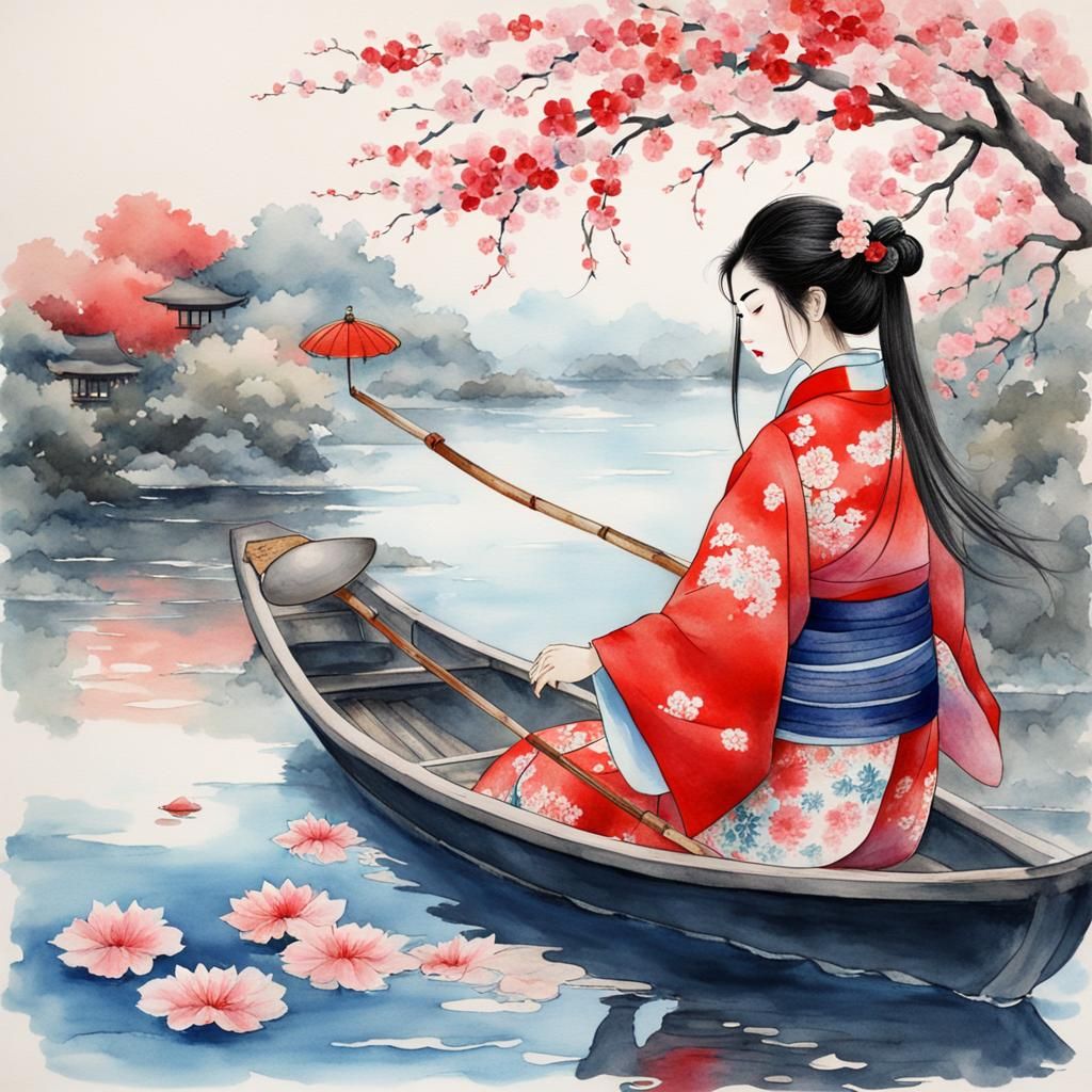 Japanese Woman in Boat with Flowers: Watercolor Style