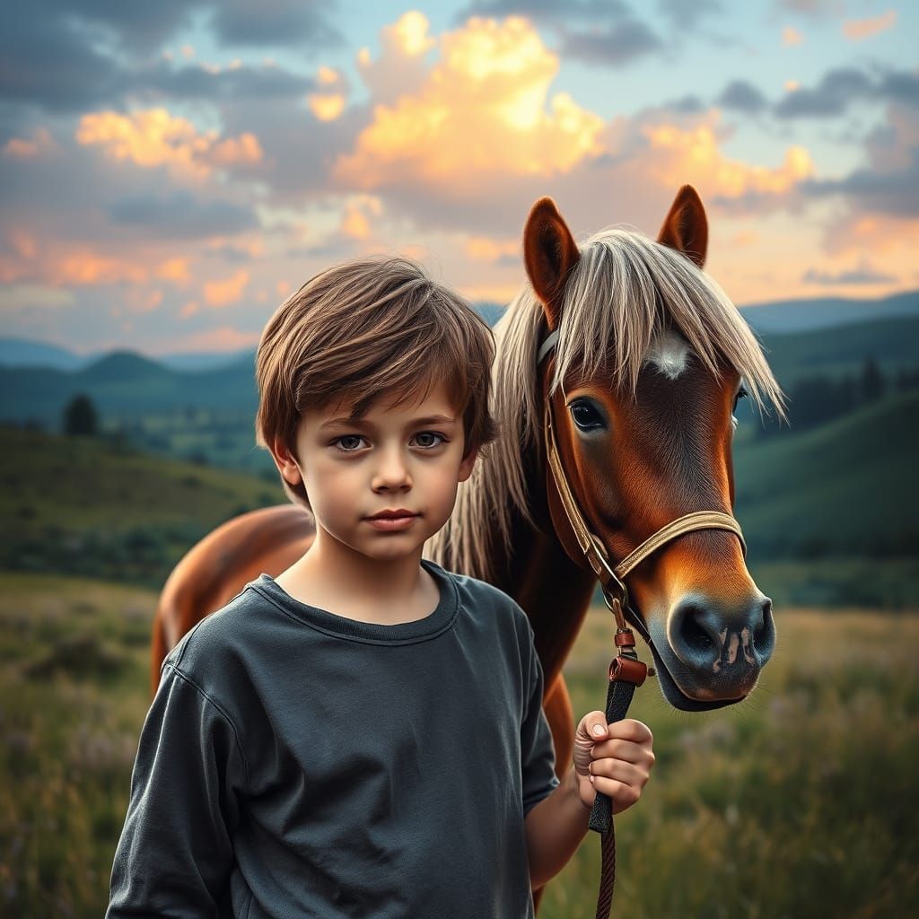 Charming Boy and Shetland Pony in Breathtaking Hyperrealisti...