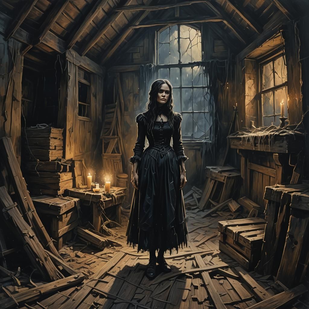 Gothic Oil Painting of Woman in Attic
