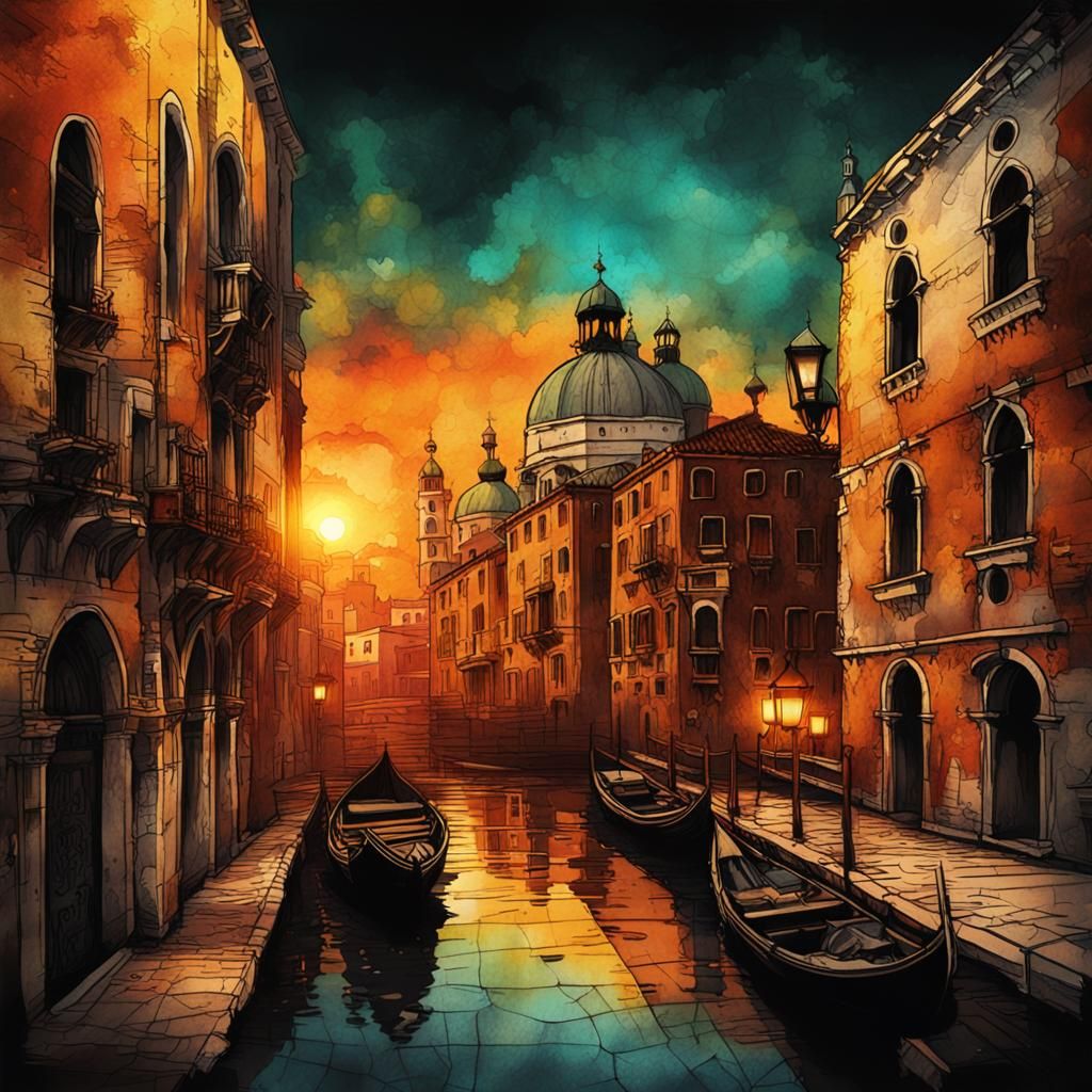 Venice Sunset in Steampunk Ink Painting Style