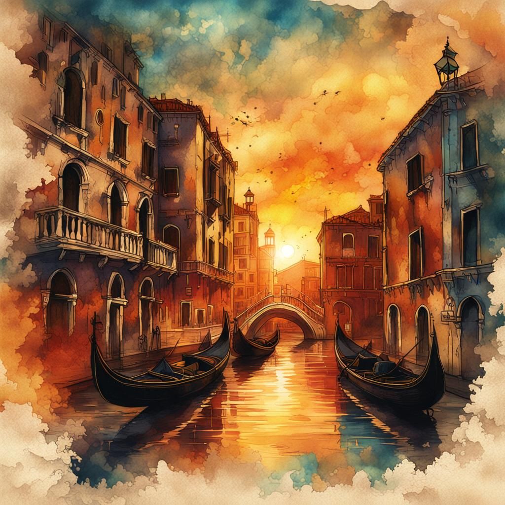 Venice Sunset: Steampunk Ink Painting on Crumpled Paper