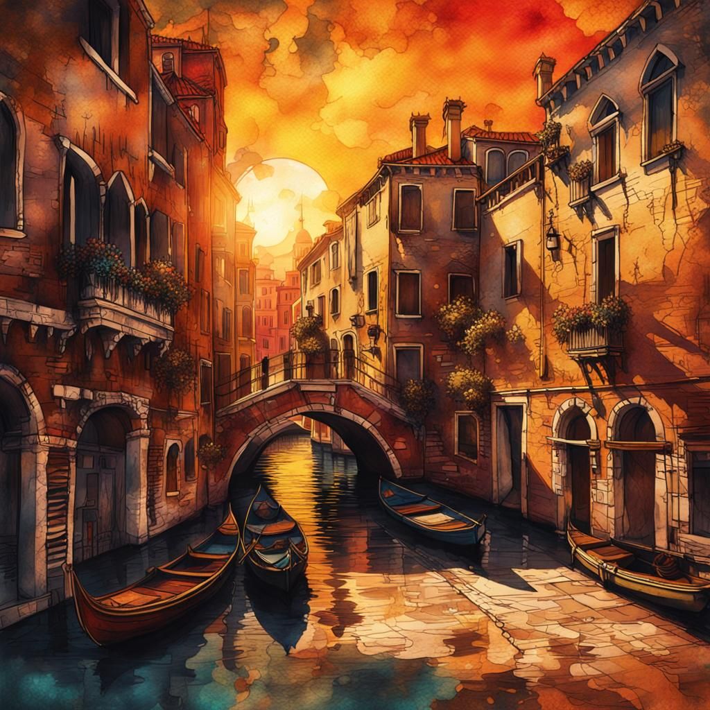 Venice Sunset: Steampunk Ink Painting