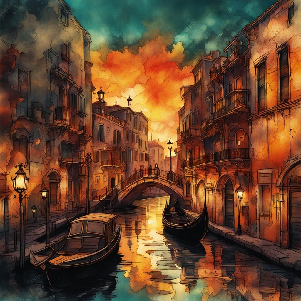 Venice Sunset Steampunk Ink Painting