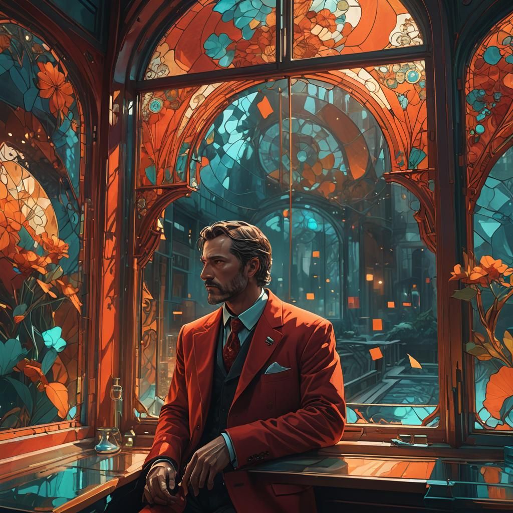 Man in Red Suit Gazing Out Window