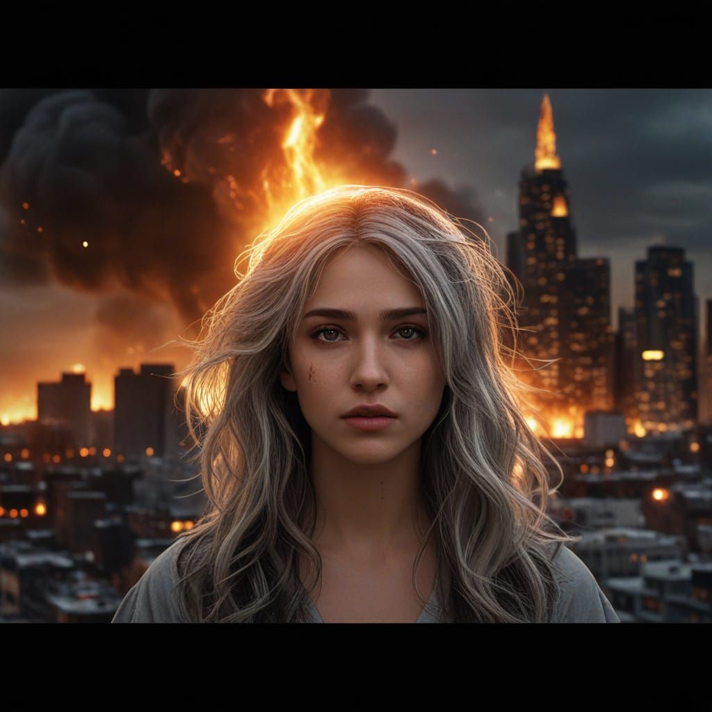 Angel Woman Prays in Desolate Cityscape, Inspired by Cinemat...