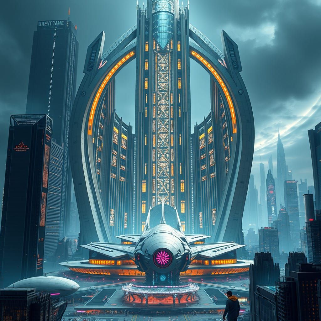 Cyberpunk Metropolis Cathedral in Shimmering, Metallic, and....