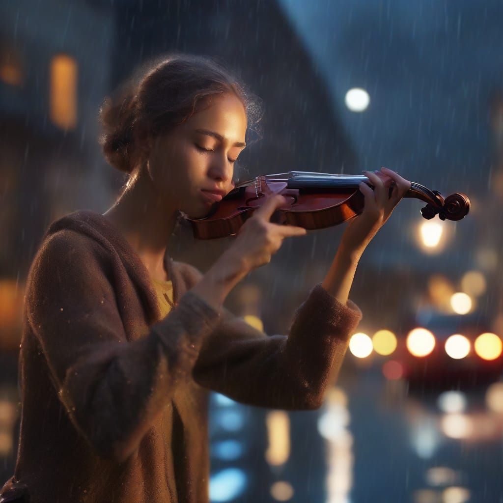 Violinist Plays Under Streetlight in Digital Art