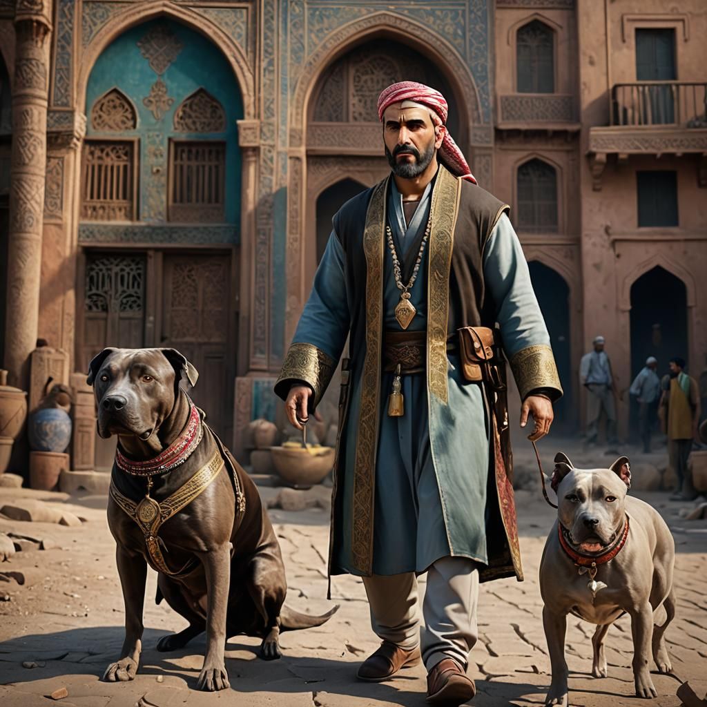 Middle-Eastern Man with Dog: Detailed Matte Painting